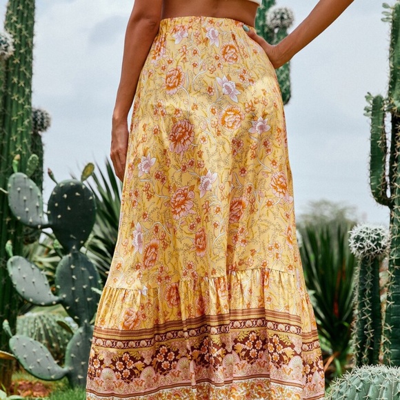 Boho Yellow Floral Tassel Ruffle Maxi Skirt Gypsy - Picture 8 of 15
